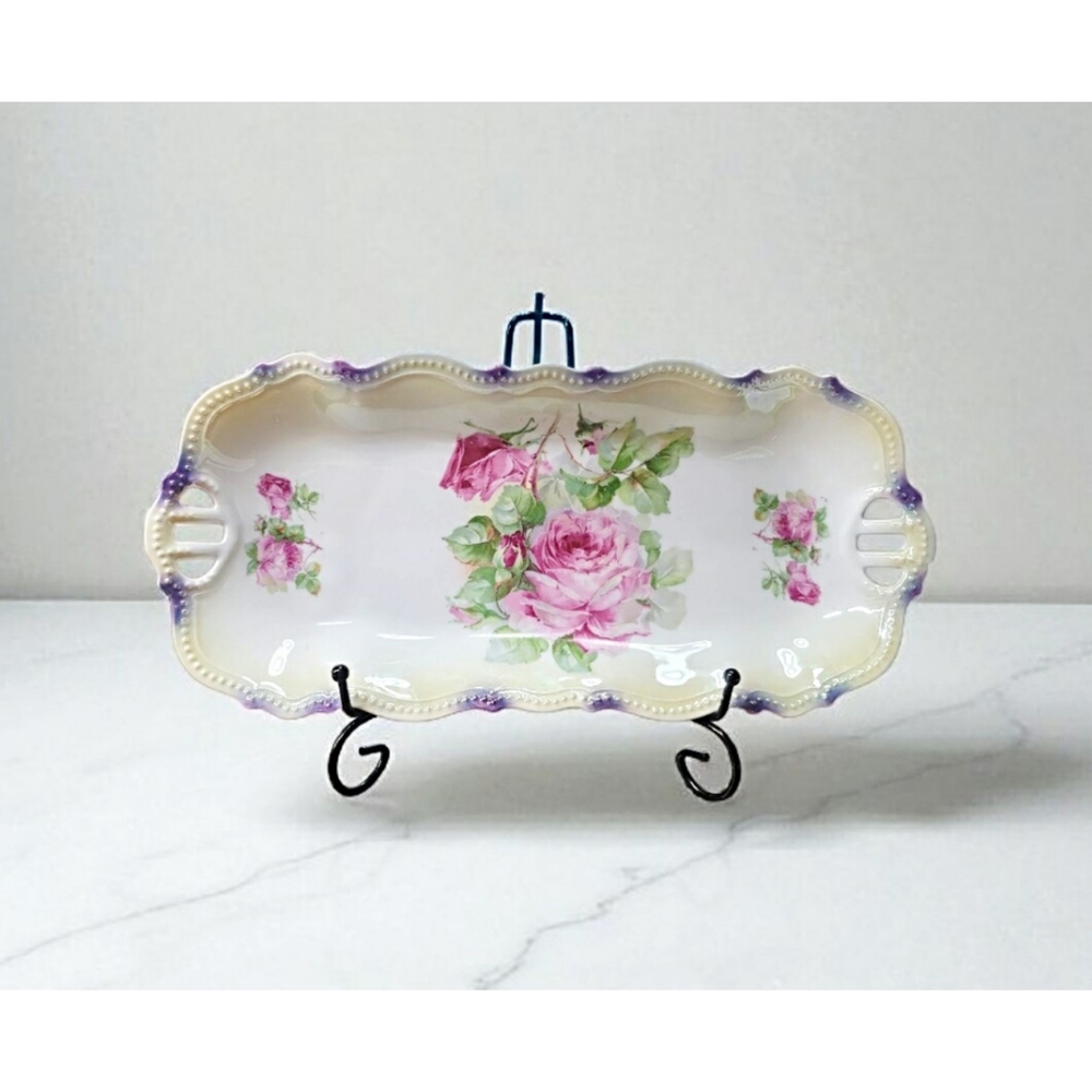 PK Silesia Vintage Floral Porcelain Lusterware Tray with Pink Roses